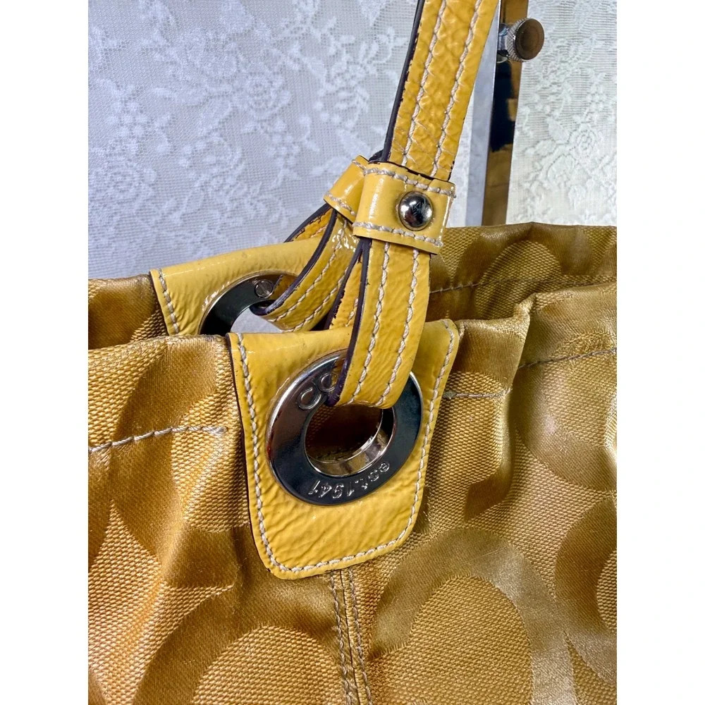 Coach Op Art Maggie Shoulder Bag Mustard‎ Yellow Jacquard Patent Leather 14264